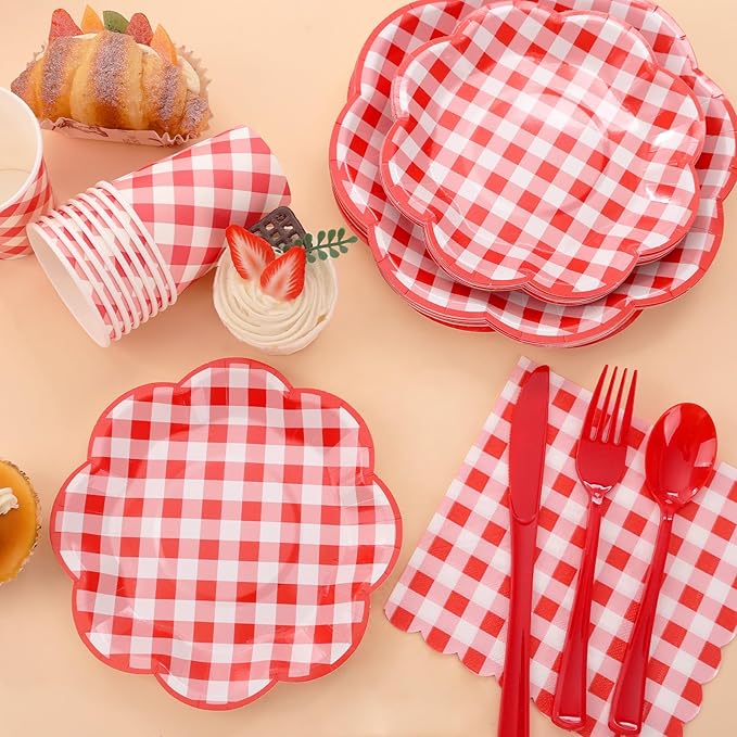 350 Pcs Red Gingham Plates and Napkins Party Supplies - Red and White Checkered Plates Sets Serve 50 Guests - Scalloped Gingham Paper Plate for Birthday Picnic Wedding Party Decorations