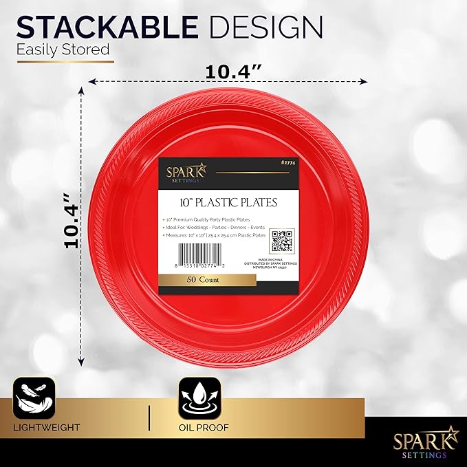 Amcrate Disposable Red Plastic Dinner Plates, 10.4 Inches, Strong and Sturdy for Party, Holiday, Picnic, or Travel - Pack of 50