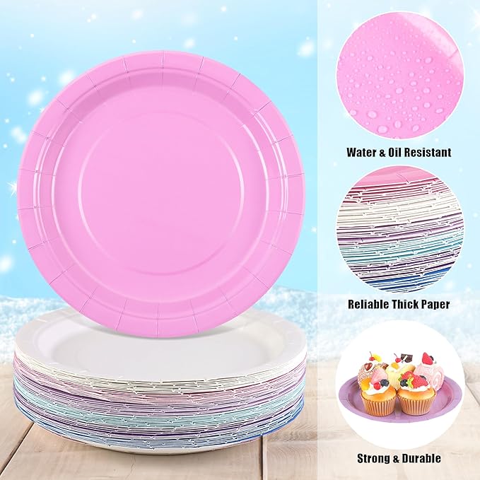 Kochorie 60 Pieces Winter Frozen Paper Plates 9 Inch Blue and Purple Heavy Duty Disposable Dinner Plates, Solid Color, Winter Tableware Set for Birthday Bridal Baby Shower Wedding Party Decor