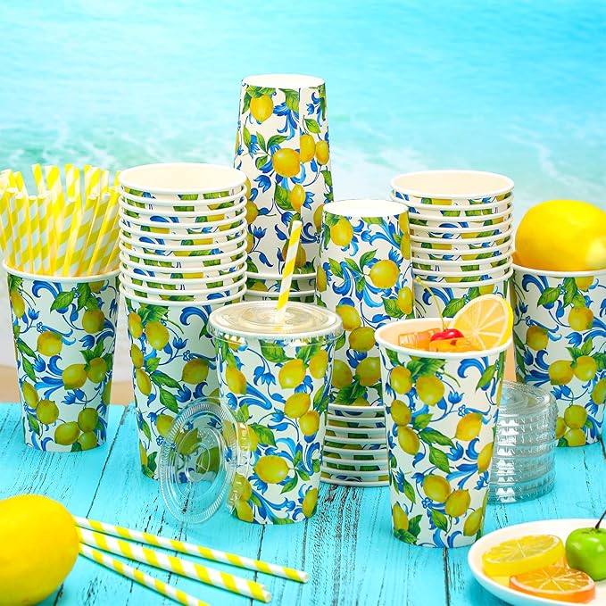 Tessco 150 Pcs 50 Sets Capri Lemon Paper Cups with Lids and Straws 16 oz Blue Tiles Italian Lemon Cold Cups for Amalfi Coast Party Bridal Shower Wedding Supplies