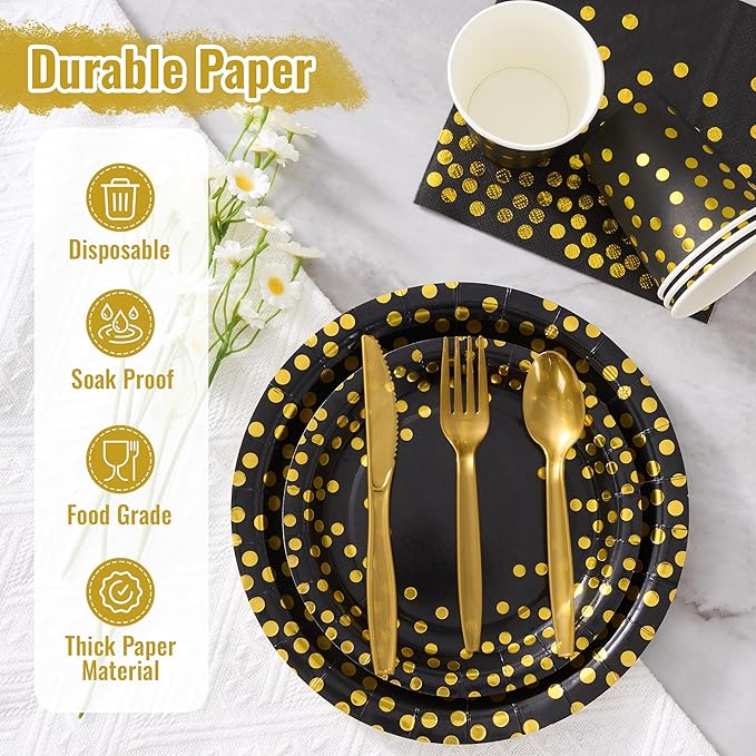 Fijinhom Black and Gold Dot Paper Plates Set, 175 PCS Party Supplies, Disposable Dinnerware Set for 25 Guests, Gold Dot Paper Plates Napkins Cups Gold Plastic Forks Knives Spoons for Wedding Festival