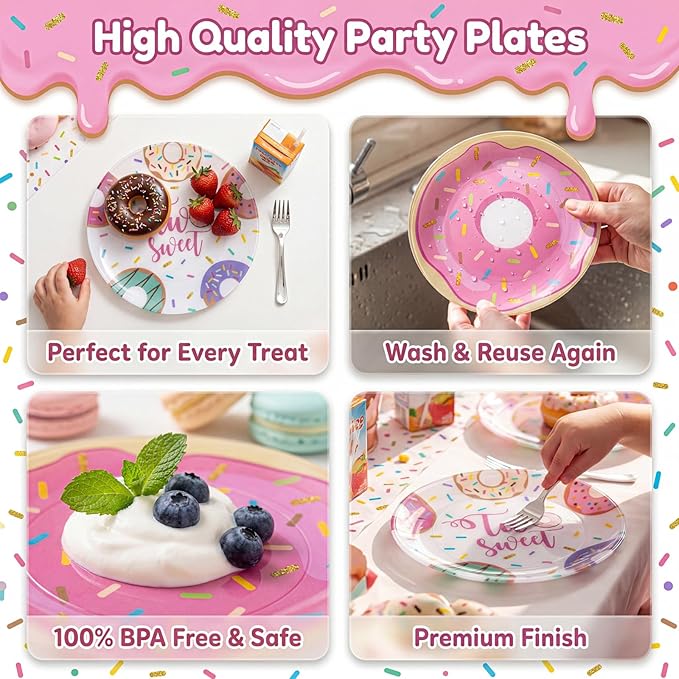 Liacere 32Pcs Donut Party Plastic Plates - Donut Birthday Party 7/10-Inch Dessert Plates Disposable Tableware Dinnerware for Two Sweet Girls' Birthday
