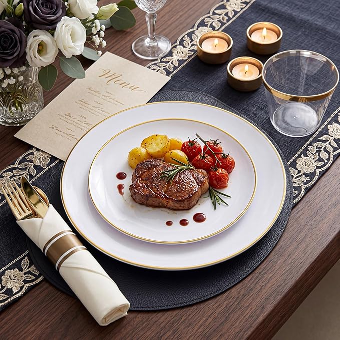 KIRE 100PCS Disposable Plates - White with Gold Rim Plastic Plates - Includes 50Pieces 10.25inch Dinner and 50Pieces 7.5inch Dessert/Salad Plate for Wedding/Spring Party/Graduation