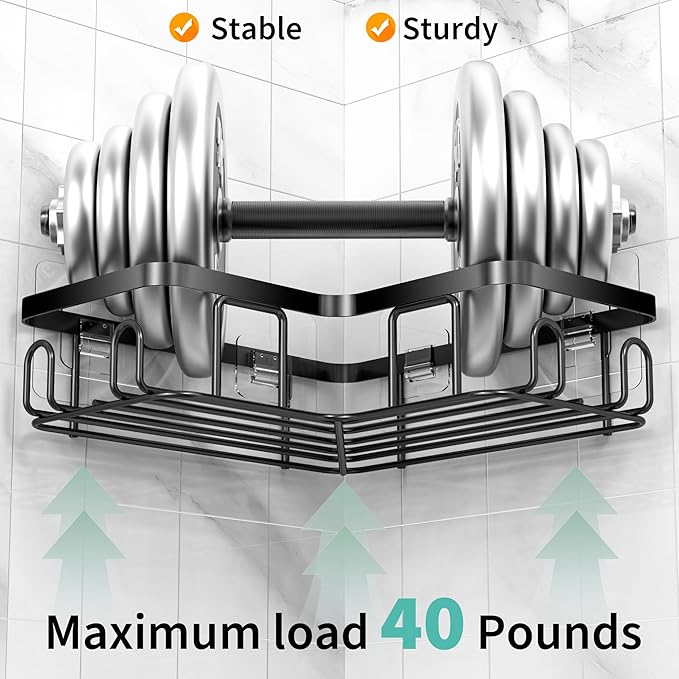 Moforoco Corner Shower Caddy Shelf Organizer Rack, Self Adhesive Black Bathroom Shelves Basket, Home Wall Shower Inside Organization and Storage Decor RV Accessories, First Apartment Essentials