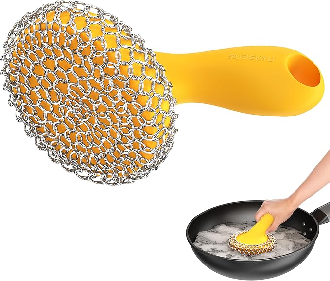 SUBEKYU Cast Iron Scrubber with Silicone Handle, Stainless Steel Skillet Cleaner for Cast Iron Pans (Yellow)