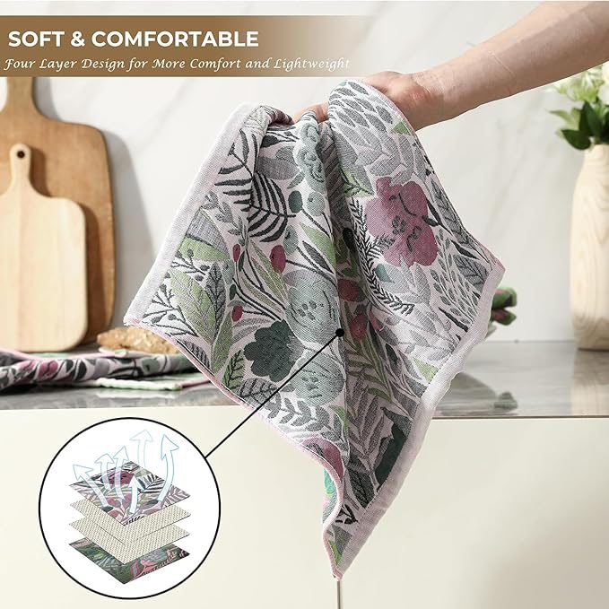 Kitchen Towels Set of 8 100% Cotton Hand Towels Dish Towels with Hanging Loop Absorbent Reusable for Cleaning Cute Design Home Decorative, Vintage Flower- 16x15 Inch