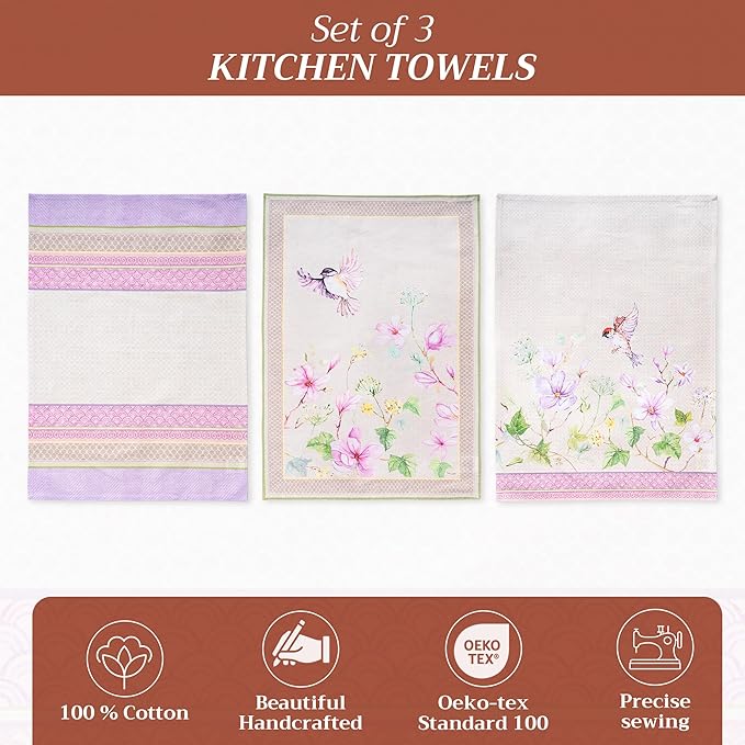 Maison d' Hermine Kitchen Towels Set of 3 100% Cotton 27.50" x 20" Reusable Cloth Tea Dish Towels Absorbent with Hanging Loop for Kitchen Farmhouse Hotel Spring Summer - Magnolia Mornings