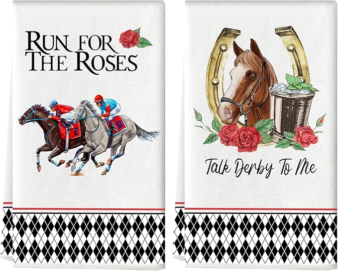 POILKMNI 2 PCS Kitchen Towels, 17.7 x 27.6'' Plaid Horse Racing Rose Tea Dish Towel Dishcloths Kitchen Hand Towels for Rustic Farmhouse Home Dining Room Table Decor