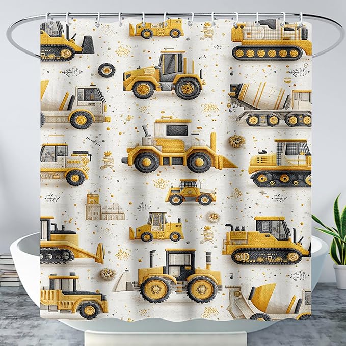 AILONEN Cartoon Construction Trucks Shower Curtain Set,Truck Cranes Tractors Bath Curtains,Boys Yellow Machinery Truck Waterproof Shower Curtain with Hooks,72" Wx72 H
