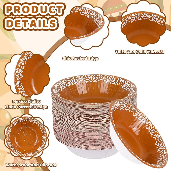 FYSUIMU 100 Pcs Mexico Fiesta Paper Bowls Cielito Lindo Party Snack Bowl Disposable Serving Bowls for Mexican Themed Party Household Supplies Decor, 12 Oz