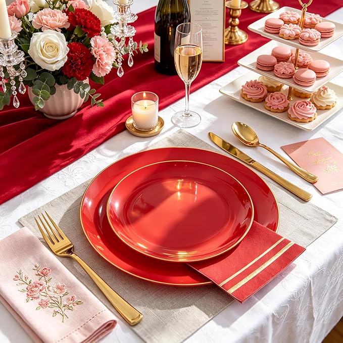 NOCCUR 350PCS Red Plastic Plates - Disposable Red Gold Dinnerware Set for 50 Guests, 100 Dinner/Dessert Plates, 150 Gold Silverware, 50 Cups&50 Napkins for Party/Wedding/Mother's Day