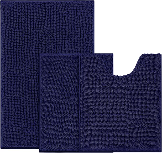 BYSURE Navy Blue Bathroom Rugs Sets 3 Piece Non Slip Extra Absorbent Plush Chenille Soft Washable Bath Mats