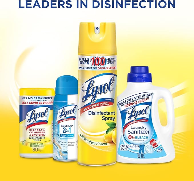 Lysol Disinfectant Spray, Household Cleaning Supplies, Disinfecting Multi-Purpose Room Spray, Antibacterial Sanitizer, Deodorizer, Kills Hantavirus, Lemon Breeze, 19 Fl Oz