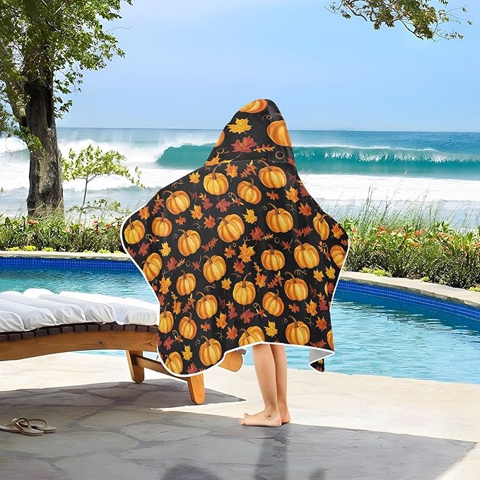 Kids Hooded Beach Towel Autumn Pumpkin Fall Maple Leaf Thanksgiving Hooded Boys Girls Towel Soft Bath Towels with Hood