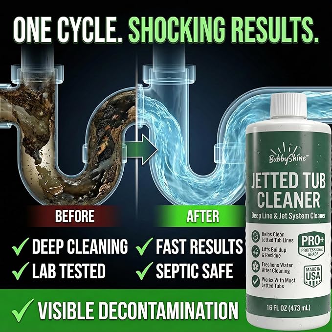 BubbyShine Jetted Tub Cleaner for Bathtub Jets – Deep Cleaning Bathtub Cleaner Formula for Jacuzzi & Whirlpool Tubs, Pro Grade System Flush for Internal Lines and Pipes, Made in USA, 16 oz