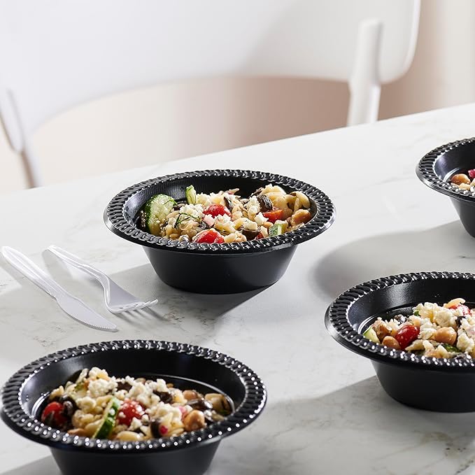 PLASTICPRO 100 PCS Black Plastic Bowls Light Weight 12 oz Plastic Soup Bowls Black Salad Plates Disposable for Party and Wedding