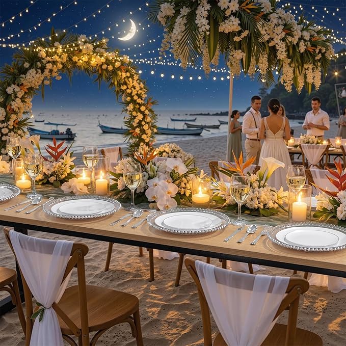 KIRE 100PCS Silver Plastic Plates - Heavy Duty White Disposable Plates with Silver Rim for Party/Wedding - Include 50Pcs 10.25inch Dinner Plates and 50Pcs 7.5inch Dessert Plates for Party/Father's Day