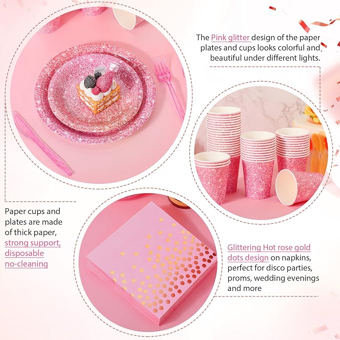 Hushee 175 Pcs Pink Holographic Print Party Supplies Guests Disposable Dinnerware Set Include Paper Plates, Napkins, Cups, Plastic Cutlery for Wedding Birthday Disco Bachelorette