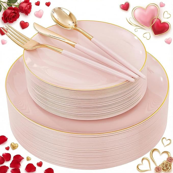 DaYammi 150Pcs Pink Plastic Plates with Gold Rim,Elegant Disposable Dinnerware with Gold Cutlery - 30 Dinner Plate,30 Dessert Plate,30 Knives,30 Forks,30 Spoons,Fancy Pink Plates for Party Wedding