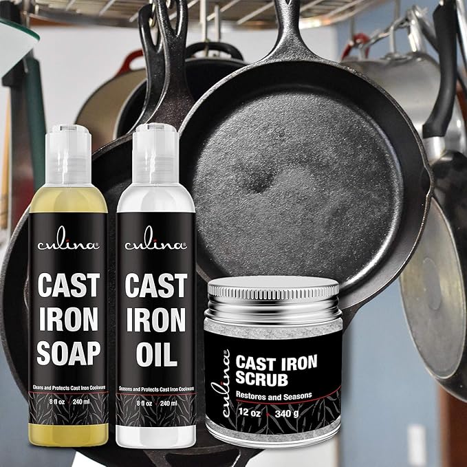 Culina Supreme Cast Iron Care Set: Restoring Scrub, Cleaning Soap & Conditioning Oil | Best for Cleaning Care, Washing & Restoring | 100% Plant-Based | for Cast Iron Cookware, Skillets, Pans & Grills!