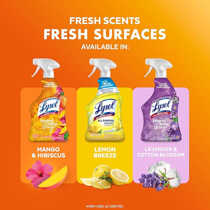 Lysol All Purpose Cleaner Spray, Multi-Purpose Disinfecting Spray, Kitchen & Bathroom Cleaner, Mango & Hibiscus Scent, 32 Fl Oz (Pack of 2)