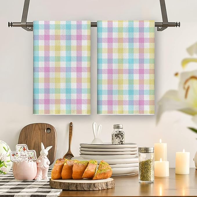 Spring Kitchen Towels Happy Easter Dish Towels Farmhouse Buffalo Plaid Decor Happy Easter Decorations for Home Party Simple Life