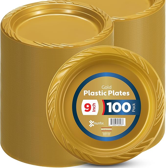 Munfix 100 Pack Gold Plastic Dinner Plates, 9 Inch Disposable Plates Bulk Pack, Party Plates for BBQ, Picnic, Parties, Travel and Events, Microwavable Recyclable