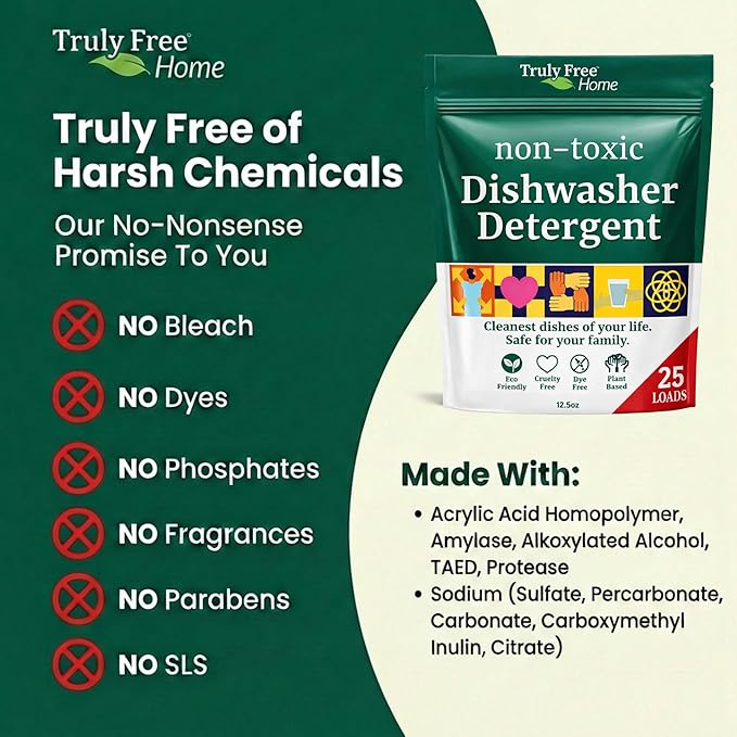 Truly Free Dishwasher Detergent Powder | Natural Dish Detergent, Dishwasher Soap | Plastic Free, Plant-Based, Clean, Heavy Duty Hard Water Stain & Grease Remover | Fragrance Free | 12.5 oz (Pack of 3)