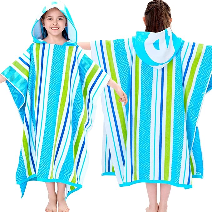 VOOVA & MOVAS Teens Hooded Poncho Towel for Boys 8-16 | Super Absorbent 100% Cotton Robe | Pool, Beach & Bath Towel | Blue Green& White Stripe Design