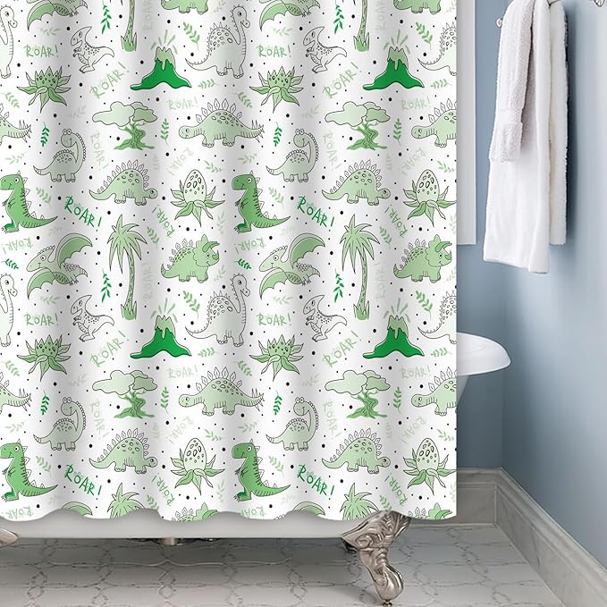 Baocicoo Cute Cartoon Dinosaur Shower Curtain Sets Green Animals Plants Bath Curtain for Boys Girls Bathroom Decorations Polyester Fabric Waterproof Curtains for Bathroom with Hooks 72x96 Inches