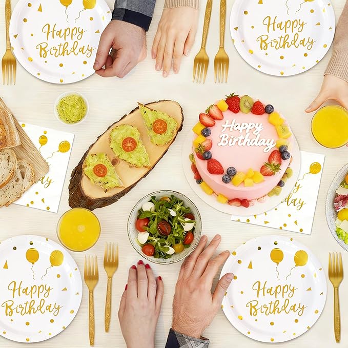 75 Pcs Happy Birthday Paper Plates,Serves 25 Guests White Gold Plates and Napkins with Gold Forks,Disposable Paper Tableware Set for Birthday Party Decorations