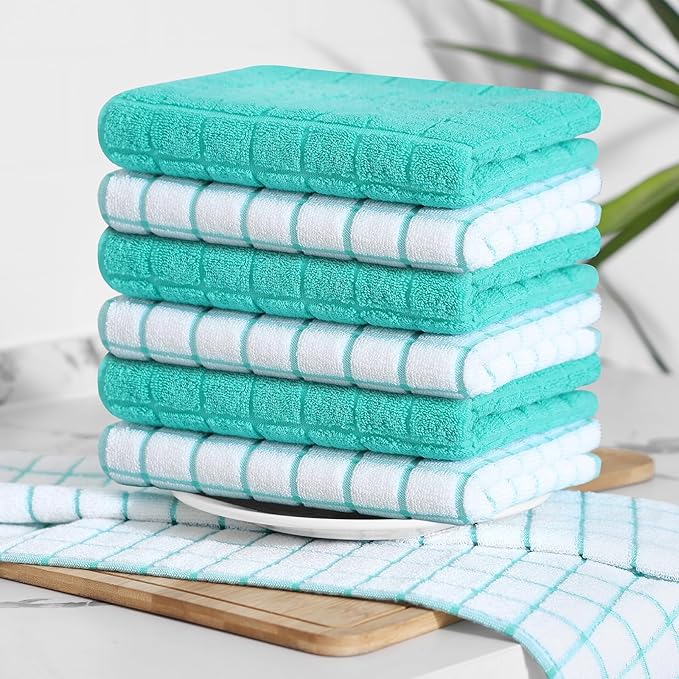 Homaxy Premium Cotton Kitchen Towels 16"x 28", Large Natural Ring Spun 390 GSM Dish Towels, Super Absorbent Terry Kitchen Hand Towels, Soft Tea Towels with Hanging Loop, Aqua Check Design, 4 Pack