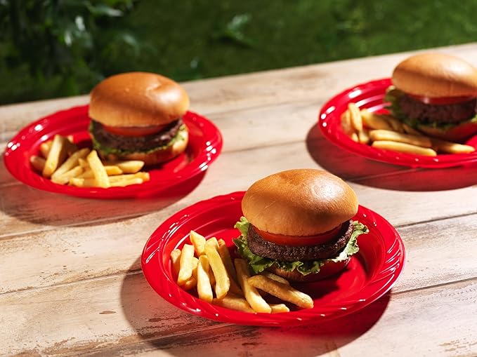 Munfix 100 Red Plastic Plates Set - 9 Inch Disposable Dinner Plates Bulk Pack, for Party, BBQ, Picnic, Parties, Travel and Events, Microwavable Recyclable