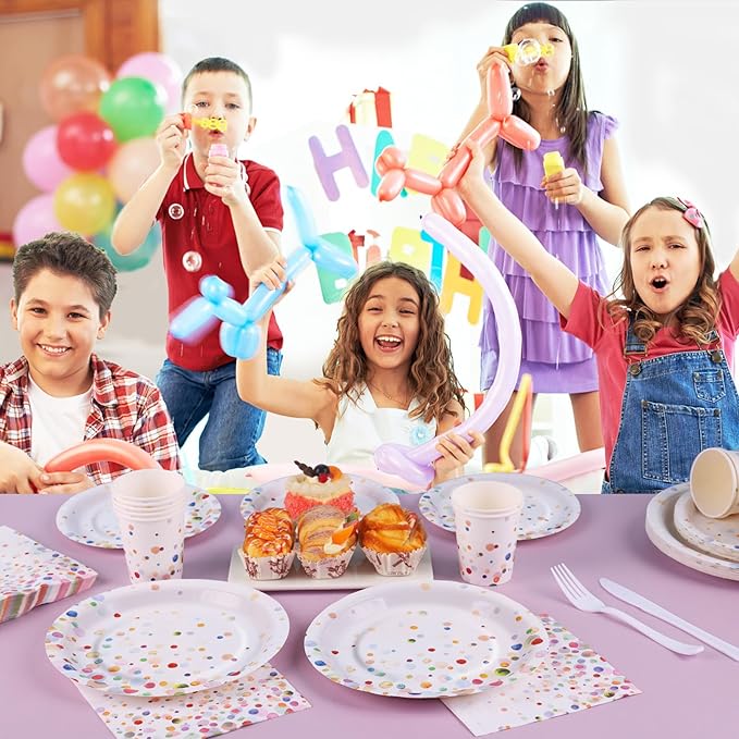 Colorful Birthday Plates and Napkins 168PCS Happy Birthday Party Plates Set for Holiday Party Supplies Bubble Decorations,Confetti Colorful Paper Plates Disposable Tableware Serve 24