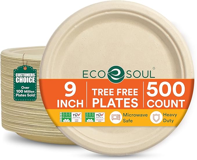 ECO SOUL Compostable Paper Plates 9 Inch, 500 Pack – Heavy Duty Disposable Dinner Paper Plates, Natural Bagasse, Leak-Resistant, Microwave Safe, Eco-Friendly Round Plates for Parties & Catering