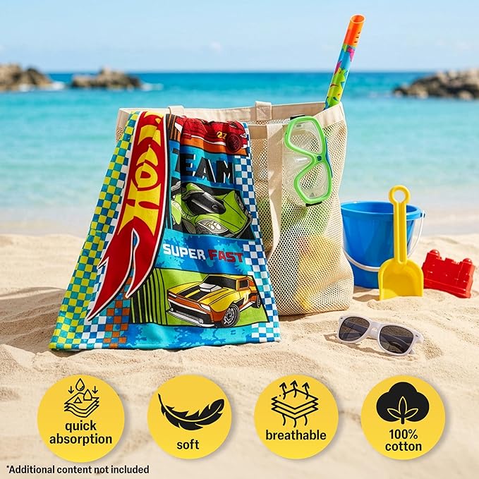 Get Trend Hot Wheels Cars Bath Towels with Hood for Boys, Ages 2-6, One Size Soft and Absorbent Hooded Cotton Beach Towel Wrap, Swimming Pool Poncho, Gifts for Boys (Multi Hot Wheels)