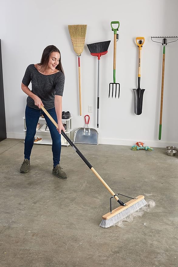Harper 24 Inch Indoor Smooth-Surface Push Broom with Flagged Bristles for Sand, Saw Dust, Wood Shavings and Pet Hair in Garages, Warehouses, and Workshops