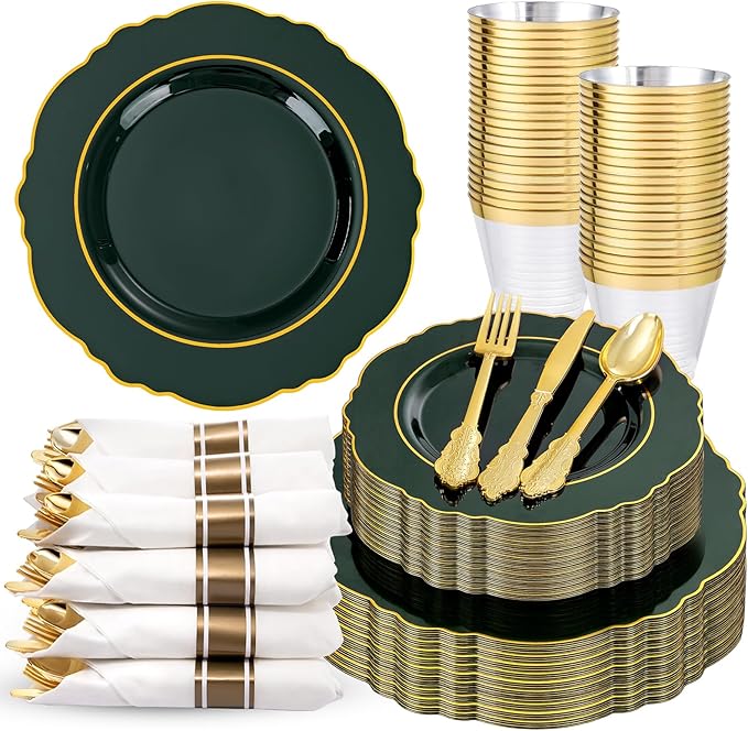 Liacere 350PCS Green Plastic Plates - Dark Green Disposable Plates With Gold Rim - 50Guest Baroque Plastic Dinnerware include 100Plates-50Pcs Pre Rolled Napkins with Silverware 50Cups for Party