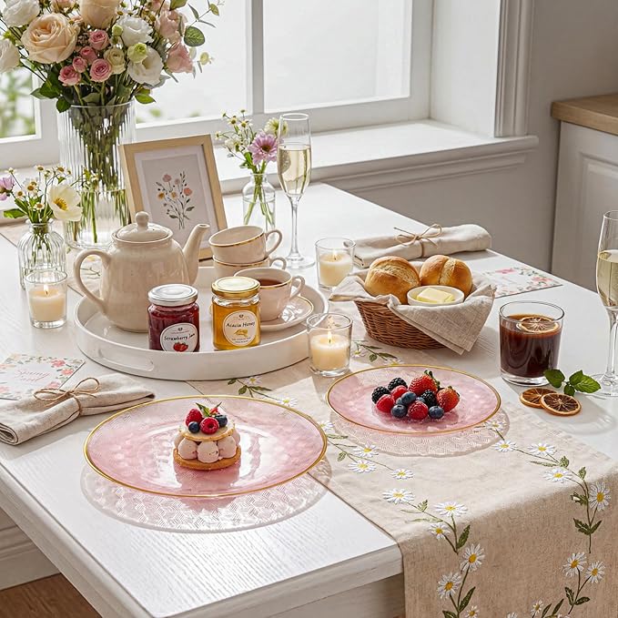 Festiva 60PCS Clear Pink Gold Plastic Plates - Heavy Duty Fancy Disposable Plates With Gold Rim-serve for 30 guests Include 30PCS 10.25" & 30PCS 7.5" Honeycomb Design Plates for Party(Pink)