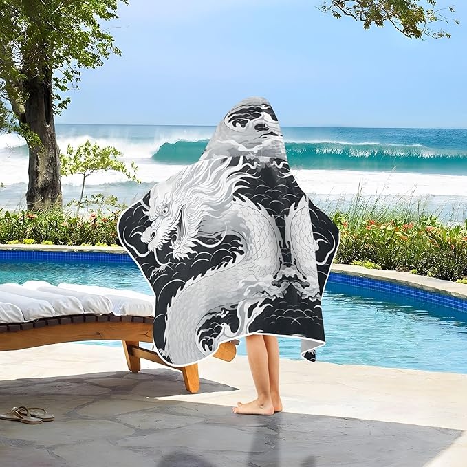 Hooded Towel for Kids Dragon in The Wave Beach Wrap Bath Towels 50x23.5in