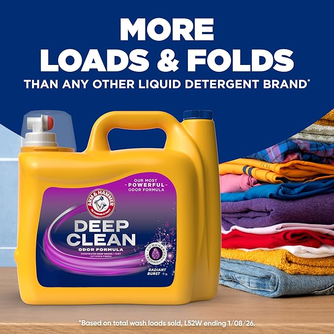 ARM & HAMMER Deep Clean Odor Formula Liquid Laundry Detergent, Radiant Burst Scent, 150 Fl Oz, 100 Loads (Pack of 2)