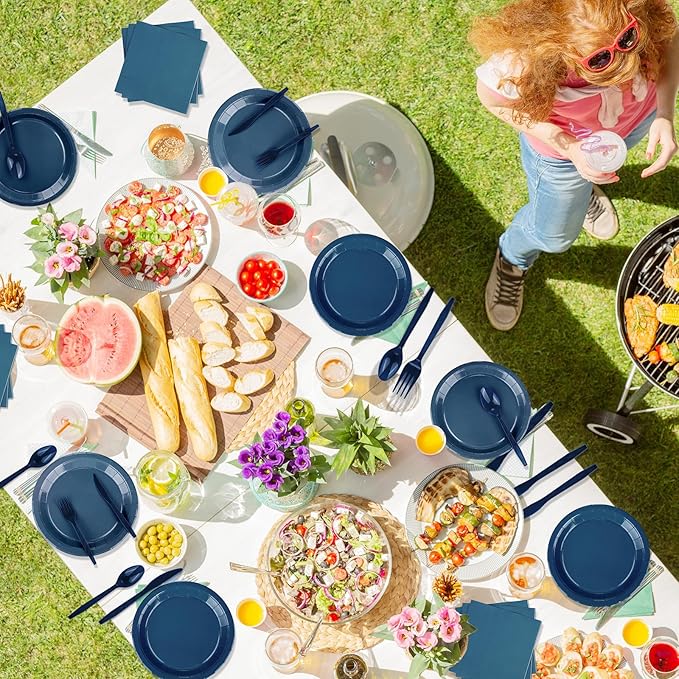 228PCS Navy Blue Party Supplies Set Include Paper Plates Cups Paper Napkins Plastic Spoons Forks Knives for 30 Guests Disposable Party Dinnerware for Birthday Wedding Family Picnic