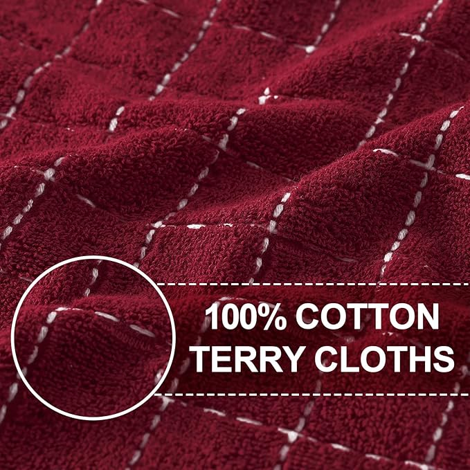 Homaxy 100% Cotton Terry Kitchen Towels(Burgundy Red, 13 x 28 inches), Checkered Designed, Soft and Super Absorbent Dish Towels, 4 Pack