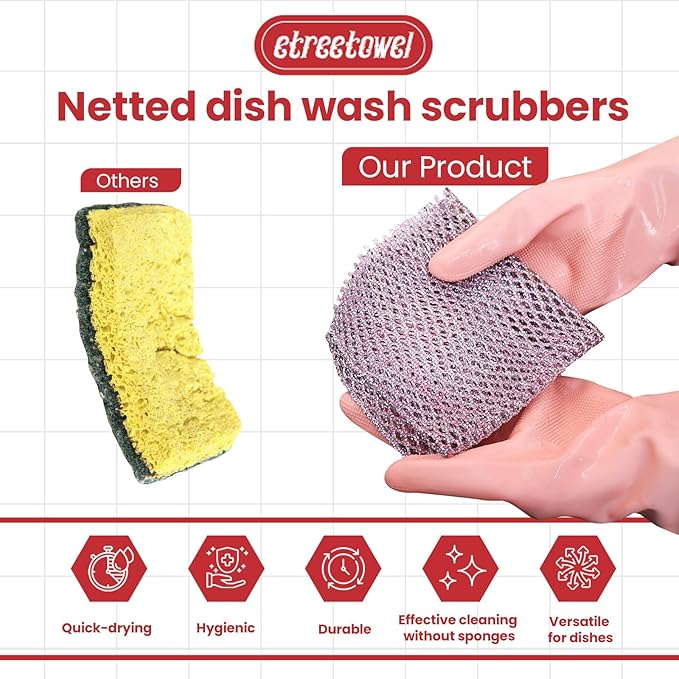 Heavy Duty Dish Scrubber (4PCs) Non Scratch Scourer Cloth Pads and Pot Scrubbers Netted Wash - Replace Kitchen Sponges for Dishwashing No Odor dishwash Durable Pan Cleaner