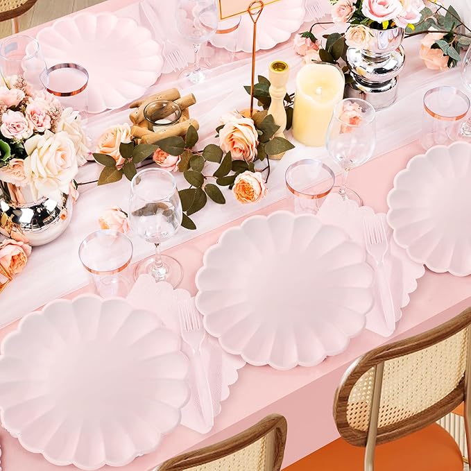 75 Pcs Pink Paper Plates and Napkins Disposable Tableware Set Include Light Pink Scalloped Plates with Shell Edge, Napkins & Forks for Mother's Day Wedding Baby Shower Birthday, Serve for 25 Guests