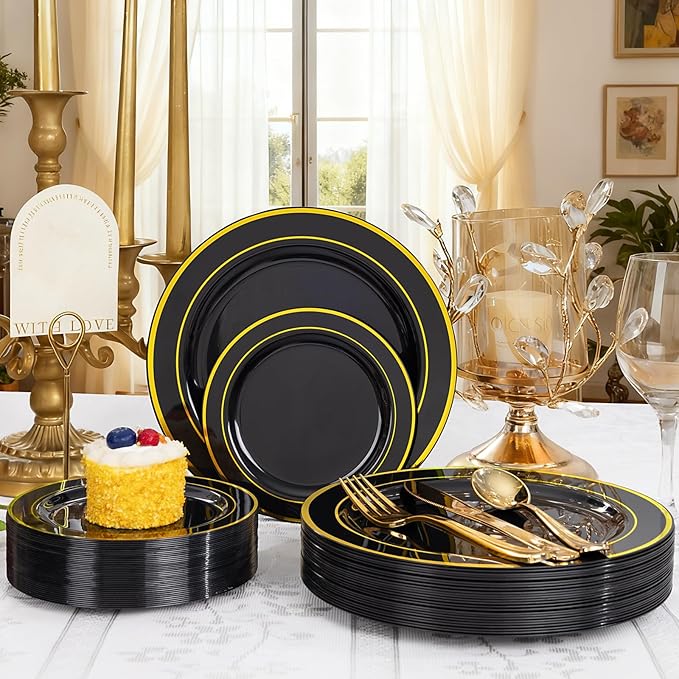 GATHER 350PCS Black Plastic Plates - Black and Gold Disposable Dinnerware Set Include 100 Plates, 150 Gold Silverware, 50 Napkins, 50 Cups for Party & Wedding & Birthday & Graduation