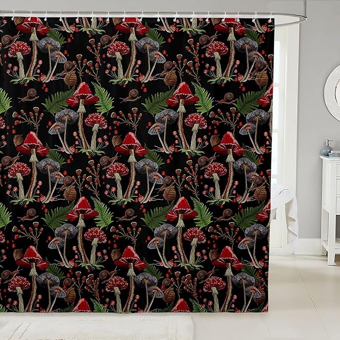 Feelyou Cute Mushroom Decor Shower Curtain Kids Cartoon Mushrooms Bathroom Shower Curtain Set for Boys Teens Kawaii Fungus Bath Curtain Wild Mushroom Stuff Black Kids Bathroom Accessories 72"x78"