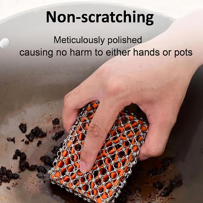 2026 Upgrade 316 Stainless Steel Pan Cleaner,4.5 Inch Triple-Ring Chain Mail Scrubber with Silicone Core, Cast Iron Pot Brush for Easier Removal of Stubborn Oil Stains & Food Residue–Orange
