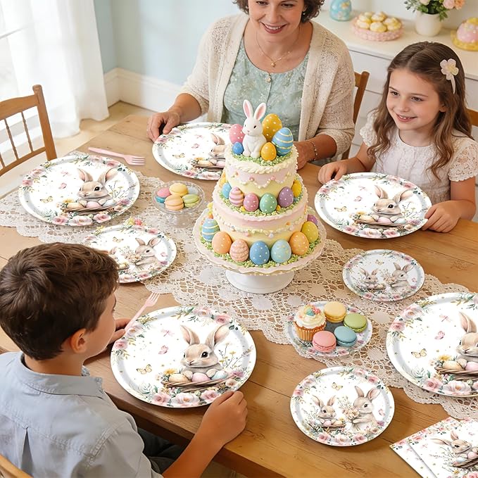 96 Pieces Easter Bunny Eggs Paper Plates and Napkins, Spring Floral Rabbit Disposable Tableware with Plates Napkins Forks for Spring Easter Party Supplies, Baby Shower Birthday Party Decor - Serves 24