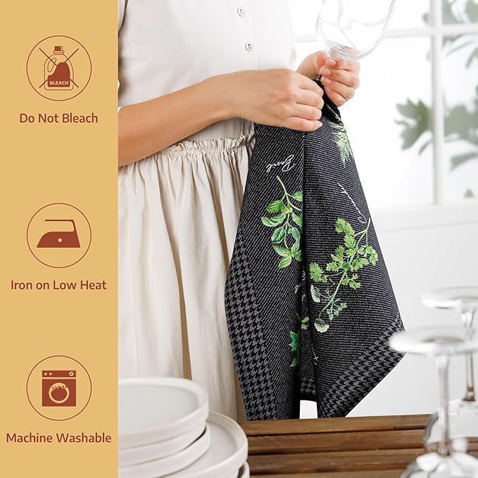 Maison d'Hermine Kitchen Towels Set of 2 100% Cotton 27.50" x 20" Reusable Cloth Tea Dish Towels Absorbent with Hanging Loop for Kitchen, Home, Dining, Cocktail Parties (Fresh Herbs)
